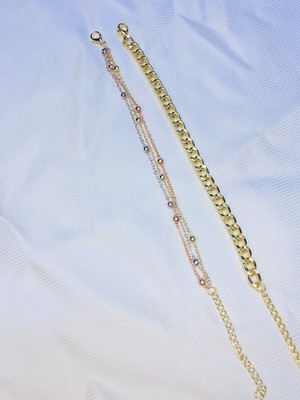 Bers Aksesuar Kadın Altın Kaplama Ikili Zincir Kombin Bileklik Seti