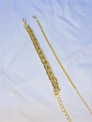 Bers Aksesuar Kadın Altın Kaplama Ikili Zincir Kombin Bileklik Seti