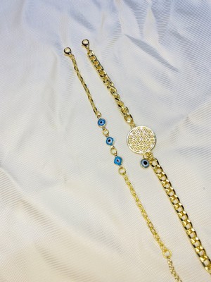 Bers Aksesuar Kadın Altın Kaplama Ikili Zincir Kombin Bileklik Seti