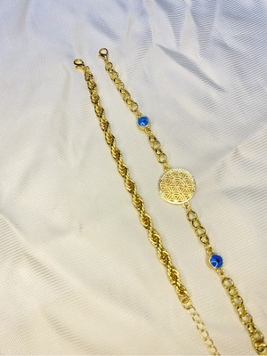 Bers Aksesuar Kadın Altın Kaplama Ikili Zincir Kombin Bileklik Seti