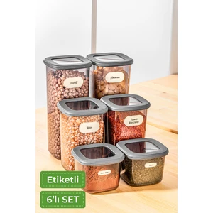 Etiketli Kare Erzak Saklama Kabı 6'lı Set 2x(0,55 Litre, 1,2 Litre, 1,75 Litre) Antrasit