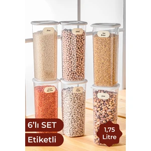 Etiketli Kare Erzak Saklama Kabı 6'lı Set Büyük Boy 1,75 Litre Beyaz