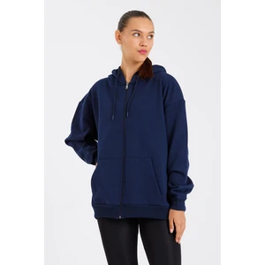 Lacivert Kanguru Cepli Kapüşonlu Fermuarlı İçi Pamuklu Kadın Hırka