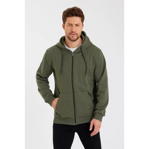 Haki Kanguru Cepli Kapüşonlu Fermuarlı İçi Pamuklu Erkek Sweatshirt