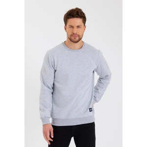 Gri Bisiklet Yaka Etiket Detaylı Içi Pamuklu Erkek Sweatshirt