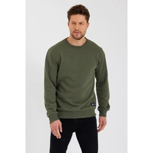 Haki Bisiklet Yaka Etiket Detaylı Içi Pamuklu Erkek Sweatshirt