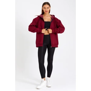 Bordo Kanguru Cepli Kapüşonlu Fermuarlı İçi Pamuklu Kadın Hırka