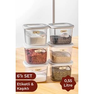 Etiketli Kaşıklı Kare Erzak Saklama Kabı 6'lı Set Küçük Boy 0,55 Litre Beyaz