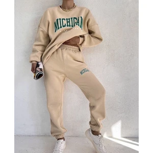 Amor Man Bisiklet Yaka Mıchıgan Baskılı Tam Kışlık Oversize Yeni Trend Kadın Eşofman Takımı