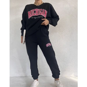 Amor Man Bisiklet Yaka Mıchıgan Baskılı Tam Kışlık Oversize 3iplik Kadın Spor Eşofman Takımı