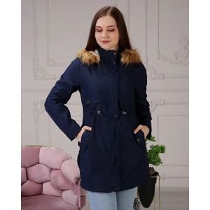 Vibeys Collection Lacivert Içi Kürklü ve Su Geçirmez Büyük Beden Battal Kadın Kışlık Mont & Kaban