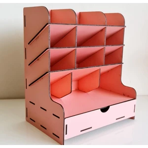 Masaüstü Çapraz 9 Bölmeli Çekmeceli Kalemlik Pembe Organizer Montajı Yapılmış