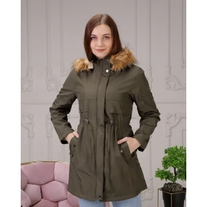 Vibeys Collection Haki Içi Kürklü ve Su Geçirmez Büyük Beden Battal Kadın Kışlık Mont & Kaban