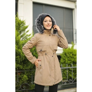 Vibeys Collection Bej Içi Kürklü ve Su Geçirmez Büyük Beden Battal Kadın Kışlık Mont & Kaban