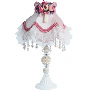 Kokoş Model Kadife Kaplı Çiçek Dekorlu Pudra Pembe Abajur