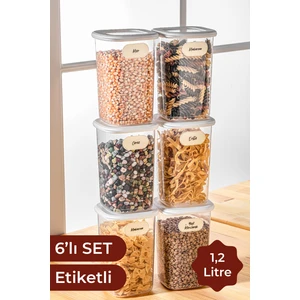 Etiketli Kare Erzak Saklama Kabı 6'lı Set Orta Boy 1,2 Litre Beyaz