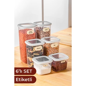 Etiketli Kare Erzak Saklama Kabı 6'lı Set 2x(0,55 Litre, 1,2 Litre, 1,75 Litre) Beyaz