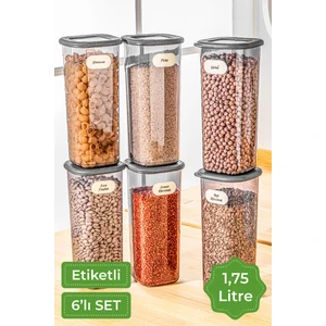 Etiketli Kare Erzak Saklama Kabı 6'lı Set Büyük Boy 1,75 Litre Antrasit