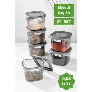 Etiketli Kaşıklı Kare Erzak Saklama Kabı 6'lı Set Küçük Boy 0,55 Litre Antrasit