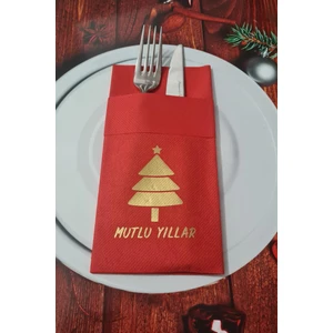 Kumaş Dokulu Kırmızı Peçete Gold Varak Yılbaşı Ağacı Mutlu Yıllar Yazılı Yılbaşı Sofrası - Yeni Yıl Peçetesi