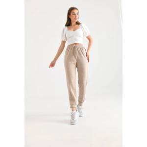 Bej Yüksek Bel Lastik ve Bağlama Detaylı Yumoş Örme Eşofman Altı