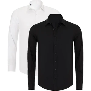 Mavi ve Beyaz Mat Saten 2'li Slim Fit Gömlek