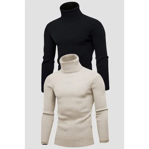 Unisex 2’li Hazır Paket Siyah - Bej Balıkçı Yaka Kaşkorse Şardonlu Slimfit Boğazlı Kazak