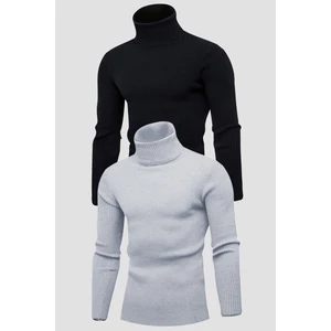 Unisex 2’li Hazır Paket Siyah - Gri Balıkçı Yaka Kaşkorse Şardonlu Slimfit Boğazlı Kazak