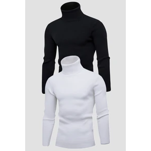 Unisex 2’li Hazır Paket Siyah - Beyaz Balıkçı Yaka Kaşkorse Şardonlu Slimfit Boğazlı Kazak