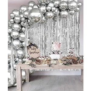 Metalize Fon Perde Kapı Perdesi Gümüş Arka Fon Süs