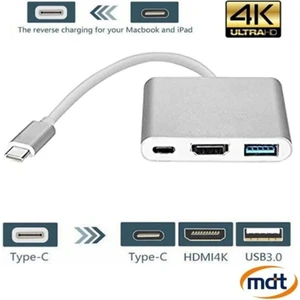 3'in 1 Type-C To HDMI 4K USB 3.0 Dönüştürücü Adaptör Macbook, Pro 2015 2016 2017 Samsung S8 S9 S10