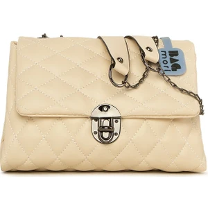 Krem Kapitone Kapaklı Oval Kilitli Çanta