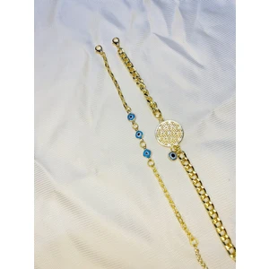 Bers Aksesuar Kadın Altın Kaplama Ikili Zincir Kombin Bileklik Seti