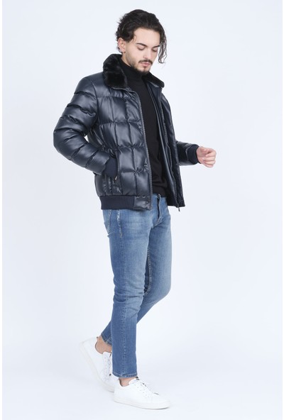 Wemsey Erkek Slim Fit Suni Deri Mont 4085178 Lacivert
