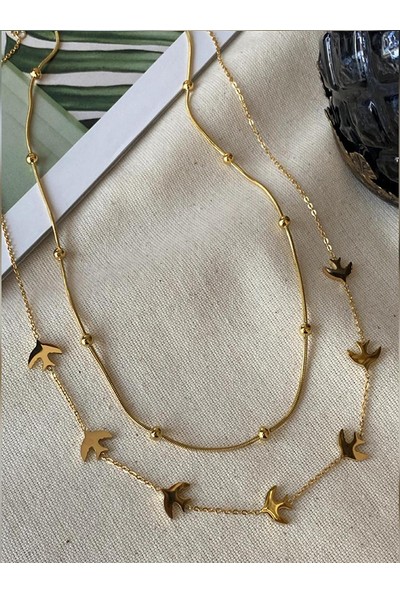 Gena Moda Gold Renkli, Paslanmaz Çelik, Dorika,toplu Kolye+Martı Kolye Kombin