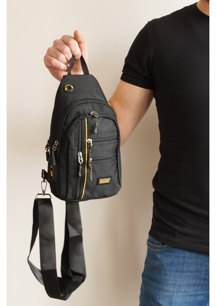Imperteks Kumaş Sarı Çizgi Detaylı Çokgözlü Çapraz Sırt Göğüs ve Omuz Çantası Unisex Siyah 3473