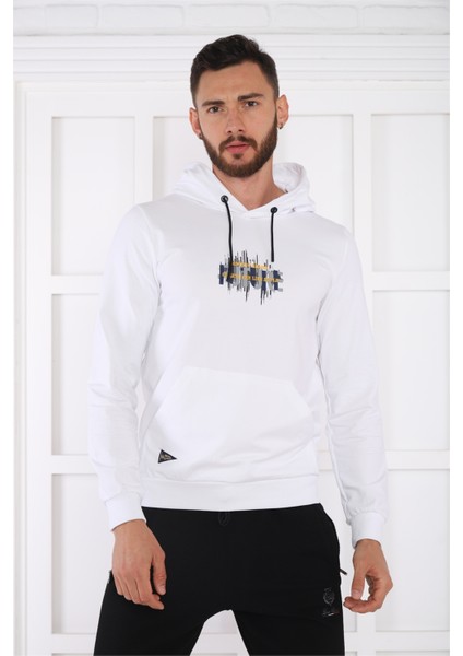 Escetic Spor Erkek Beyaz Cepli, Kapüşonlu Sweatshirt - 0949