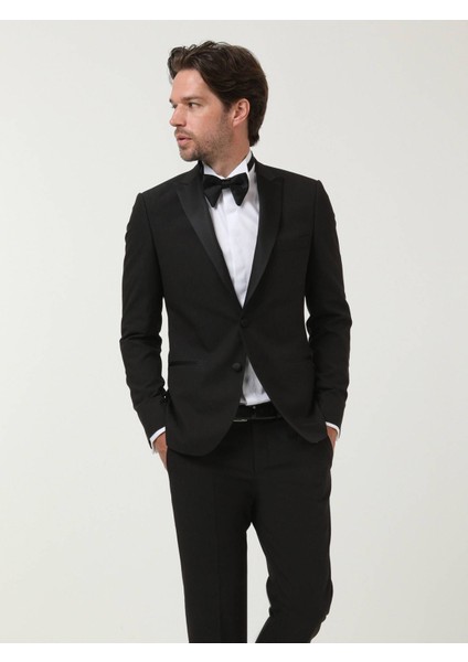 Siyah Desenli Slim Fit Kruvaze Yaka Dokuma Smokin Takım Elbise modelleri