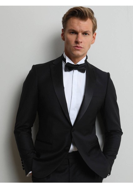 Siyah Düz Slim Fit Kruvaze Yaka Dokuma Smokin Takım Elbise