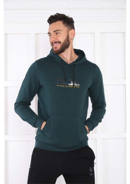 Escetic Spor Erkek Yeşil Cepli, Kapüşonlu Sweatshirt - 0950