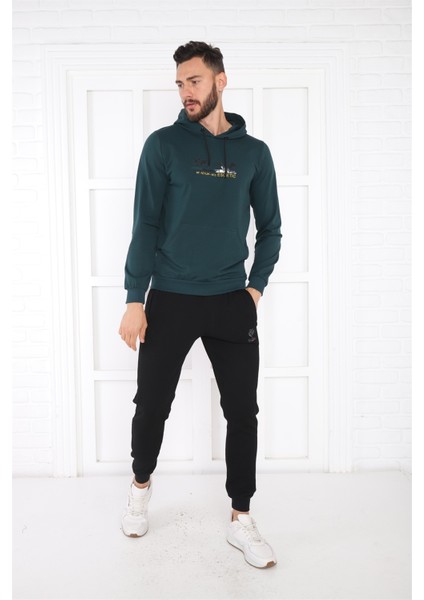 Escetic Spor Erkek Yeşil Cepli, Kapüşonlu Sweatshirt - 0950