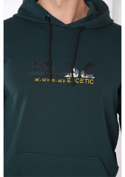 Escetic Spor Erkek Yeşil Cepli, Kapüşonlu Sweatshirt - 0950