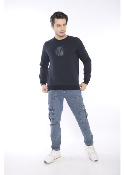 Escetic Erkek Spor Slimfit, Bisiklet Yaka Lacivert Sweatshirt - 0939