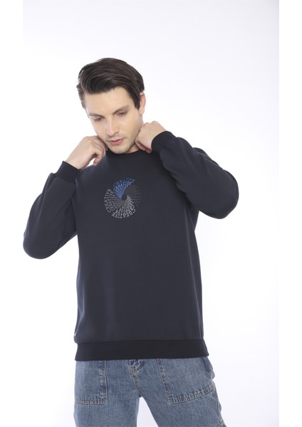 Escetic Erkek Spor Slimfit, Bisiklet Yaka Lacivert Sweatshirt - 0939