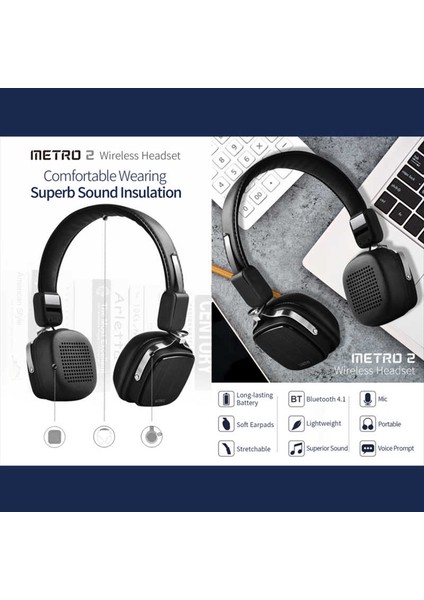 Metro 2 Kablosuz Kulak Üstü Kulaklık Mikrofonlu Bluetooth V4.1 Hi-Fi Superior Wireless