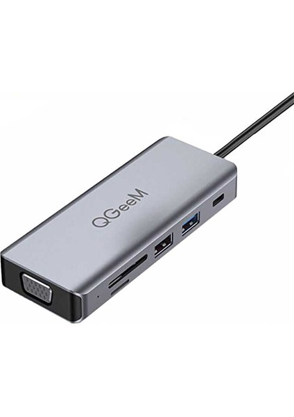 Qgeem QG-UH09 9 In 1 Çok Fonksiyonlu USB Çoğaltıcı Hub Vga-Hdmı-3.5mm-Sd Kart