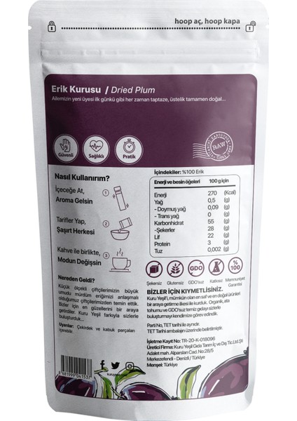 Erik Kurusu - Kuru Meyve - Dried Plum - Şeker İlavesiz Plum - Kurutulmuş Erik - Kuru Erik 50 gr