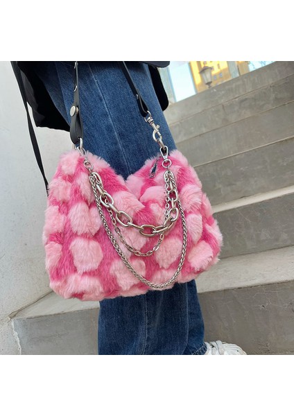 Pembe Kalp Yumuşak Peluş Tek Omuz Zincir Çapraz Askılı Tote modelleri