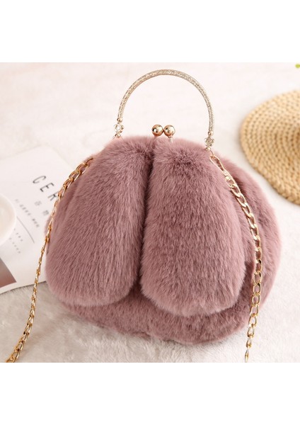 Yumuşak Peluş Omuz Çantası Faux Kürk Zincir Messenger Çanta Sevimli Tavşan Kulakları Klip Cüzdan Çanta(Yurt Dışından)
