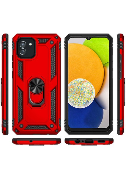 Samsung Galaxy A03 Kılıf Vega Sert Silikon Tank Standlı Yüzüklü Mıknatıslı+Nano Kırmızı modelleri